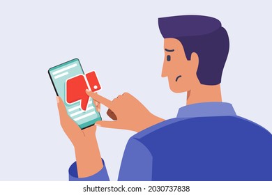 Young Man Pressing Dislike Button on Social Media Post Illustration