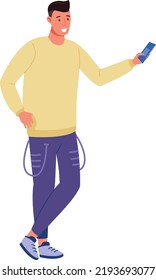 Young man pressing touchscreen on smartphone. Standing person with phone isolated on white background