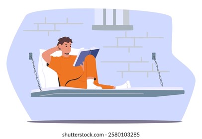 Young man prisoner cartoon character wearing orange jumpsuit resting reading book engaged in self education behind bars vector illustration. Guy criminal serving sentence in gaol during imprisonment