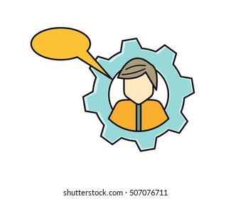 Young man private icon with dialog window. Young man in shirt and tie. Avatar in gear. Social networks business private users avatar pictogram. Round line icon. Isolated vector illustration