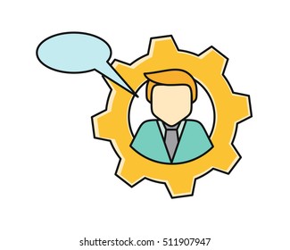 Young man private icon with dialog window. Young blond man in blue shirt and tie. Avatar in gear. Social networks business private users avatar pictogram. Round line icon. Isolated vector illustration