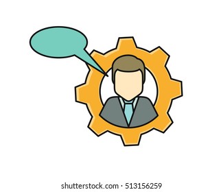 Young man private icon with dialog window. Young man in shirt and tie. Avatar in gear. Social networks business private users avatar pictogram. Round line icon. Isolated vector illustration