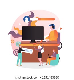 Young man pro gamer in headphones playing online video game on desktop computer, vector illustration. E-sports tournament, cyber sport, pc gaming concept for web banner, website page etc.
