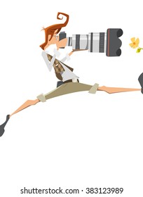 Young man pro professional photographer with big lens camera. Passion, extreme risk, pose. Isolated on white background.