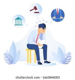 Young man with problems with the law seated on a stool with head on hand reading a letter surrounded with prison and court icons for law enforcement, colored vector illustration