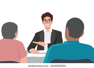 Young man professional gives advice on inheritance to elderly couples. Flat vector illustration isolated on white background