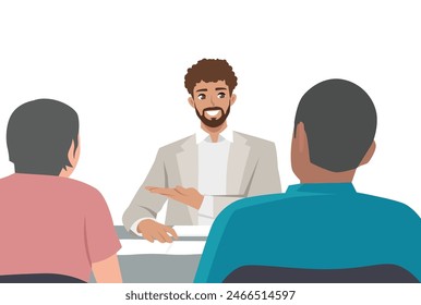 Young man professional gives advice on inheritance to elderly couples. Flat vector illustration isolated on white background