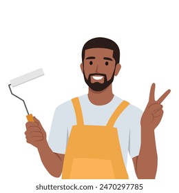 Young man professional wall painter, he is dressed in working clothes and giving peace sign. Flat vector illustration isolated on white background