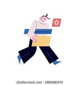 Young man programmer carrying laptop in hands and thinking about web codes