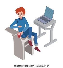 Young man programmer with a cup of coffee sitting at the laptop computer. Vector illustration in isometric projection, isolated on white background.
