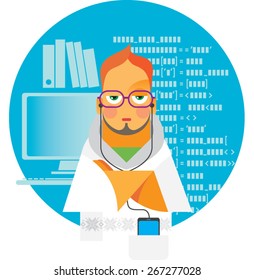 the young man is a programmer who is on computer's background
