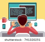 Young man programmer working on computer with code on screen. Student programming vector concept. Man work with computer, programmer professional and character of freelancer on workplace illustration