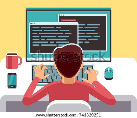 Young man programmer working on computer with code on screen. Student programming vector concept. Man work with computer, programmer professional and character of freelancer on workplace illustration