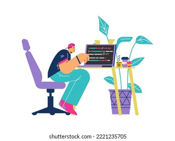 Young man programming and coding software, flat vector illustration isolated on white background. Character writing script of program on laptop, web developer at work.