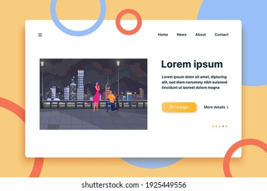 Young man proposing girlfriend outside. City, giving ring, couple, night flat vector illustration. Engagement, love, marriage concept for banner, website design or landing web page