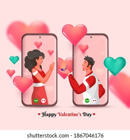 Young Man Proposing His Girlfriend On Video Call Through Smartphone With Glossy Hearts For Happy Valentine's Day Celebration.