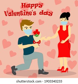 Young man proposing his Girlfriend with wearing medical face mask, celebrating valentine's day.