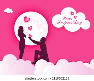 Young man proposing his girlfriend on propose day during valentine week. Beautiful romantic silhouette background of lovable couple.