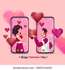 Der junge Mann, der seine Freundin im Video vorschlägt, ruft durch Smartphone am Happy Valentinstag an. Grußkarte oder Poster Design.