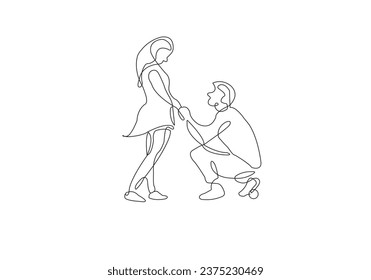 a young man proposing to his pretty girlfriend with romantic ring one line art Vector illustration