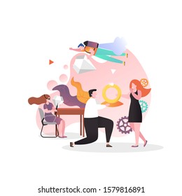 Young man proposing marriage to girlfriend with engagement ring made in jewelry workshop, vector illustration. Jewelry business concept for web banner, website page etc,