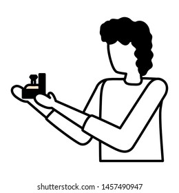 young man proposing marriage with ring vector illustration design
