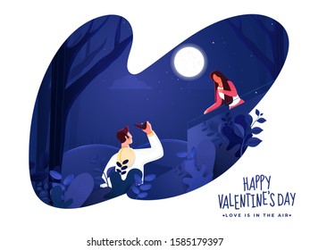 Young Man Proposing Woman on Paper Cut Nature Night Scene Background for Happy Valentine's Day Celebration.