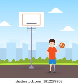 Young Man with Prosthesic Leg Playing Basketball, Handicapped Person Doing Sports Cartoon Vector Illustration