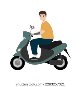 Young man with a prosthetic arm riding electric scooter. Handicapped person riding modern motor scooter. Isolated vector illustration 