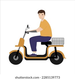 Young man with a prosthetic arm riding modern electric bike scooter. Handicapped person. Isolated vector illustration 