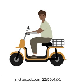 Young man with a prosthetic arm riding modern electric bike scooter. Handicapped person. Isolated vector illustration 
