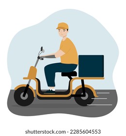 Joven con un brazo protésico montando moto eléctrica moderna. Personas discapacitadas montando moto en la ciudad. Ilustración del vector