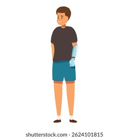 Young man with a prosthetic arm is standing with his hand in his pocket