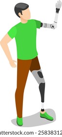 Young man with a prosthetic leg and arm, waving with his artificial hand, showcases resilience and strength while communicating in an isometric view