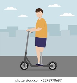 Young man with a prosthetic leg riding electric scooter in the city. Handicapped person. Vector illustration