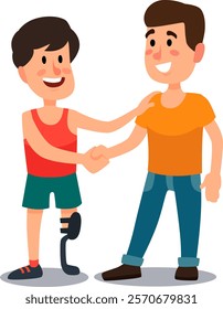 Young man with a prosthetic leg shaking hands with a friend, symbolizing support and inclusion while overcoming challenges in both sports and everyday life