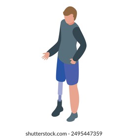 Young man with a prosthetic leg is standing and gesturing with his hand