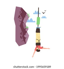 Young man in protective equipment makes bungee jump from cliff. Bungee entertainment and extreme sport activity, flat vector illustration isolated on white background.