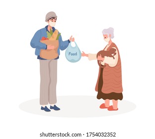 Young man in protective face mask delivers food to old woman vector flat cartoon illustration. Volunteer taking care of senior people at risk during coronavirus outbreak. Shopping help concept.