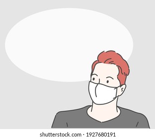 Young man in protective face mask, he look up at background with copy space. Hand drawn in thin line style, vector illustrations.