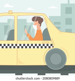 Young man in protective face mask with phone in his hand using taxi. Machine taxi car controlled by autopilot carries passenger around city. New normal concept flat vector illustration.