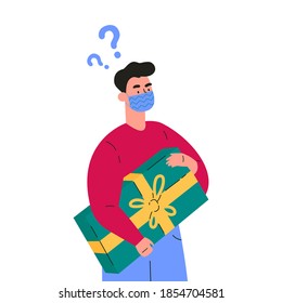 Young man in protective mask in doubt thinks about present.Guy is thinking about what gift to give for the New Year.Confused young man with question marks.Vector colorful illustration in flat style