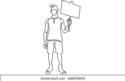 Young man in a protective mask at a rally with a poster in his hand.Social protest and demonstrations. One continuous drawing line, logo single hand drawn art doodle isolated minimal illustration.