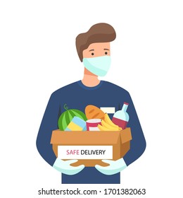 Young man in a protective medical mask and gloves keeps grocery box. Safe food delivery and courier service during a COVID-19 novel. Flat vector concept of Logistics isolated on white background.