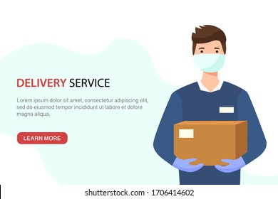 Young man in a protective medical mask and gloves keeps parcel. Safe delivery and courier service during coronavirus pandemic. Flat vector Logistics concept with copy space on white background.