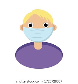 A young man in a protective medical mask.The teen is protected from the virus.Protection from viruses and diseases.The young man with the blond hair.Human head.Vector illustration
