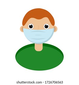 A young man in a protective medical mask.The teen is protected from the virus.Protection from viruses and diseases.A young man with red hair.Human head.Vector illustration