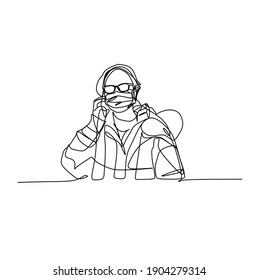 Young man in protective suit and full face mask to Prevent virus infection.Continuous one line drawing