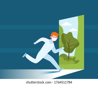 Young Man In Protective Uniform Running Outside. Mask, Doctor, Nature Flat Vector Illustration. Isolation And Quarantine Concept For Banner, Website Design Or Landing Web Page