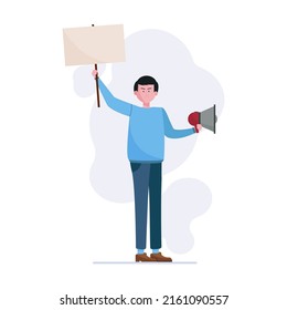 Joven en la protesta. Activistas y manifestantes ilustran el vector plano. Activismo, crisis, concepto de conflicto para banner